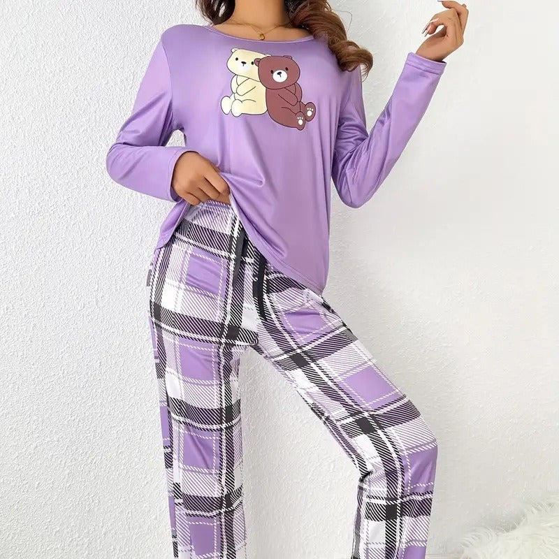 Home Wear Autumn And Winter Pajamas Suit Long Sleeve Printed Plaid Trousers Two-piece Set