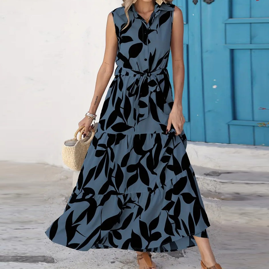 Elegant Sleeveless Printed Shirt Dress Ruffled Hem