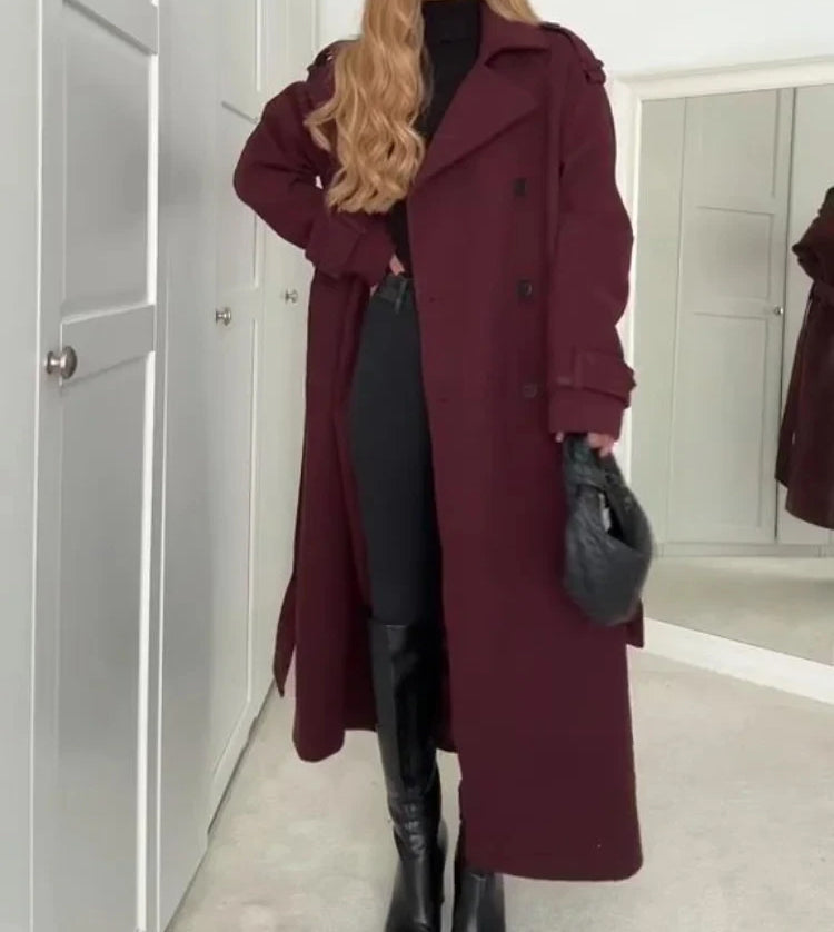 Woolen Lapel Belted Double-Breasted Trench Coat for Women Winter Jacket