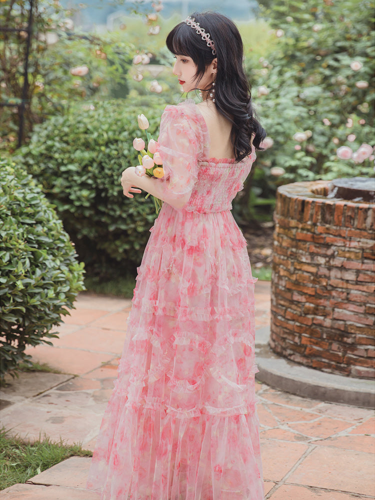 French Vintage Pink Chiffon Floral Mesh Dress Short Sleeve