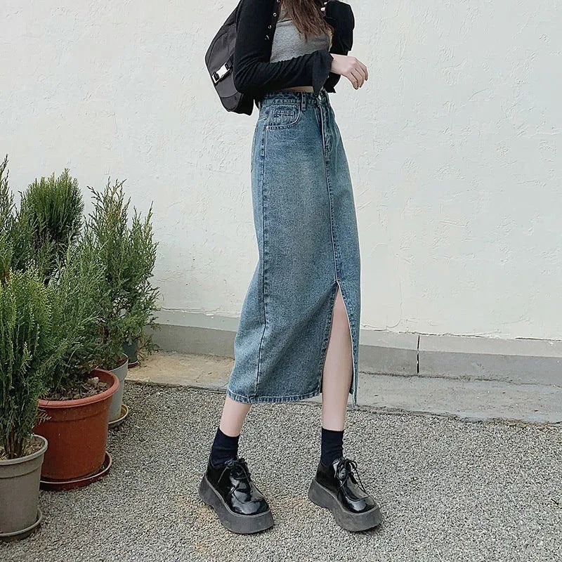 Summer Mid-length Split Denim Skirt