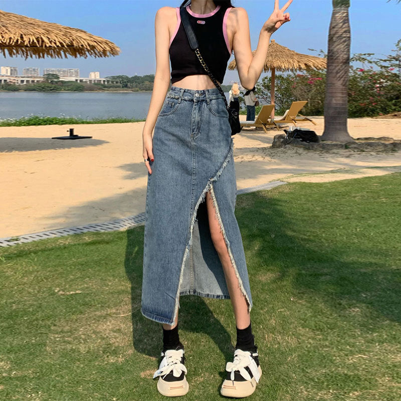 Irregular Slit Denim Skirt Ins Style Hot Design