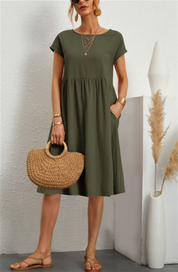 Summer Short-sleeved Dress With Pockets