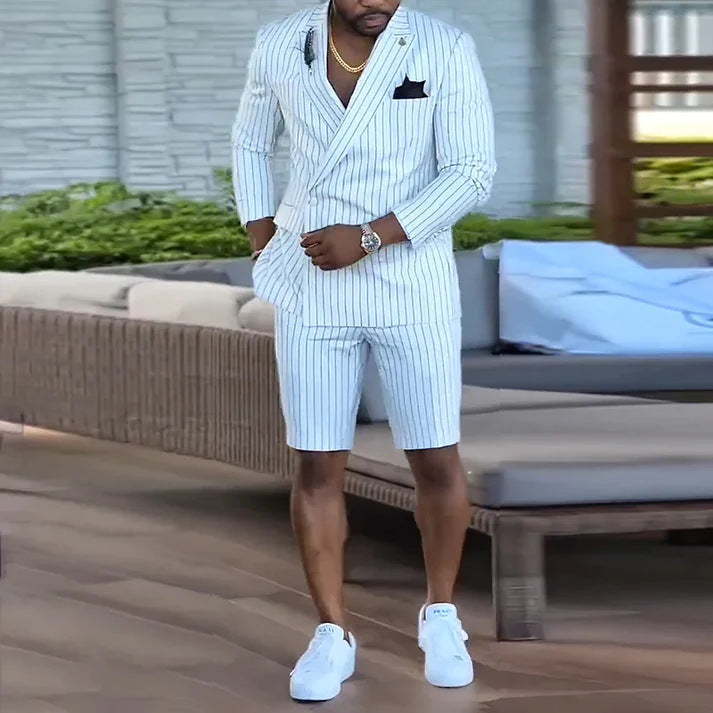 British Style Casual Black Striped Trendy Shorts Suit