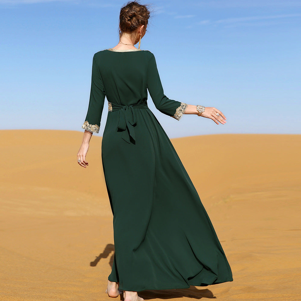 Fashion Arabian Women's Dark Green Embroidered Lace Dress