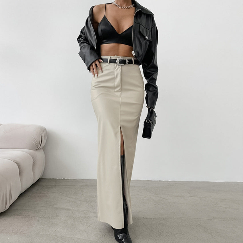 French Style Khaki PU Leather High Waist Split Straight Skirt for Women
