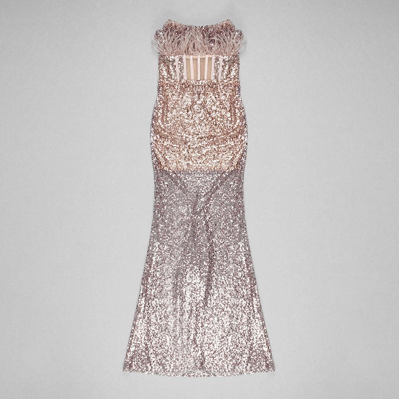 Feather Beaded Sequined Cutout Mesh Strapless Dress