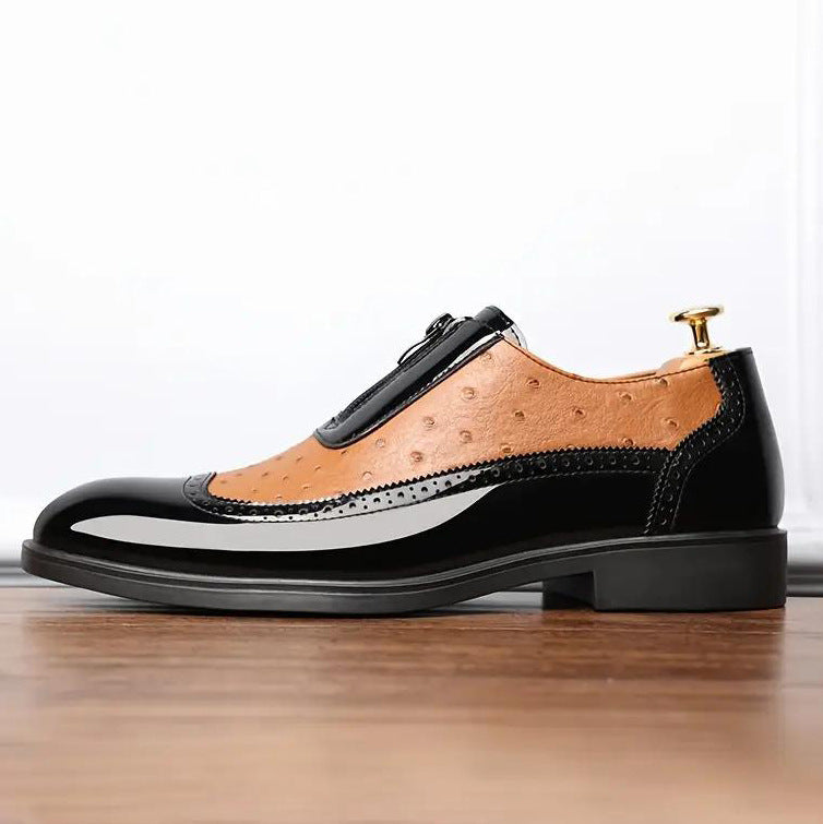 Ostrich Grain Embossed Zipper Pointed Bright Leather Chelsea