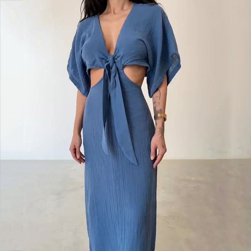 Women's Summer Slim Fit V-Neck Midriff Dress with Hollow Out Design