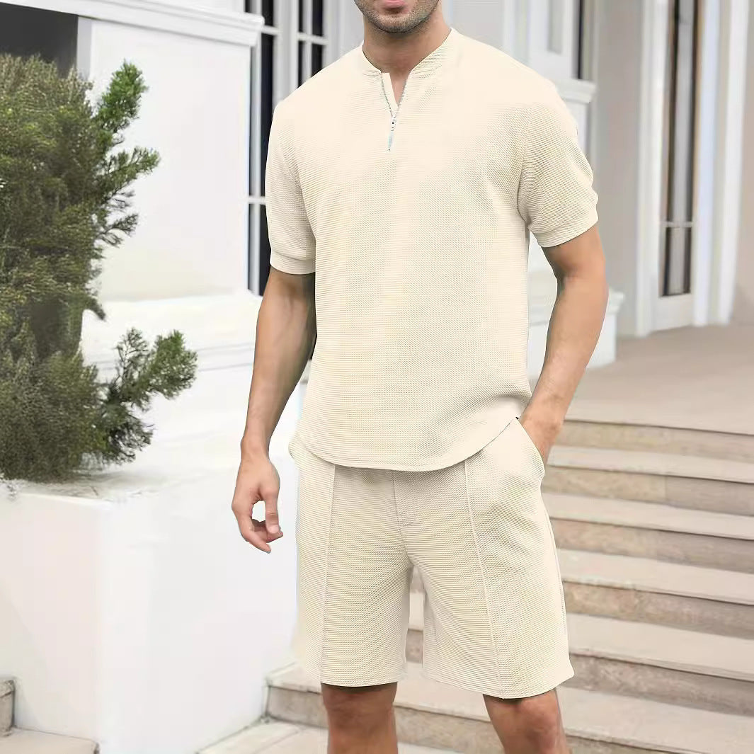 Waffle Stand Collar Zipper Short Sleeve Trousers Suit Men