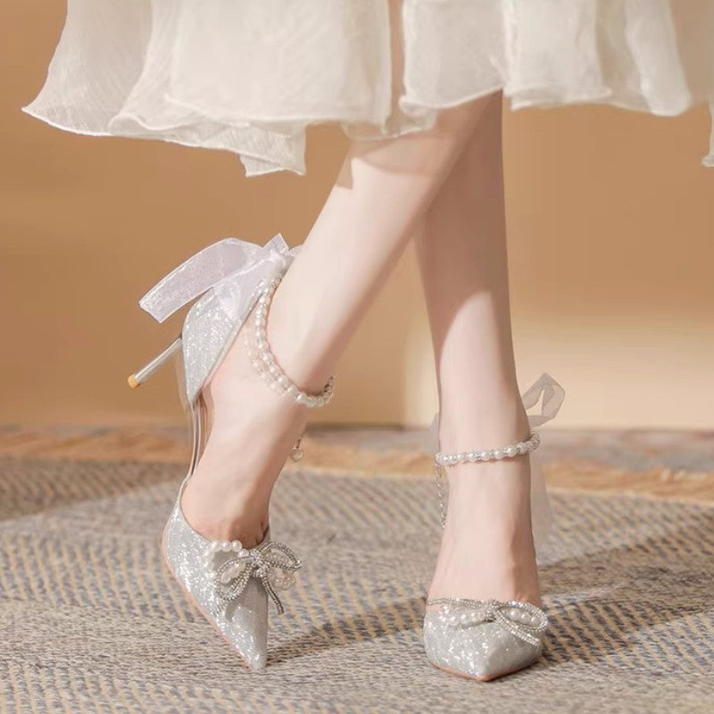 Women's Bow Pointed Heel Wedding Sandals