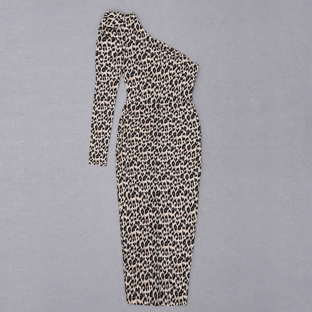 Shoulder Long Sleeve Leopard Print Slim-fit Tight Split Sheath Dress