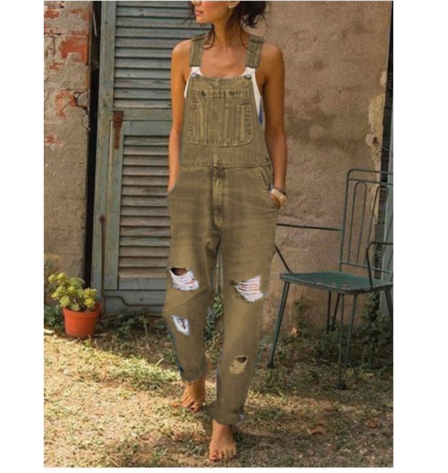 Ladies' Denim Overalls With Holes And Thinner
