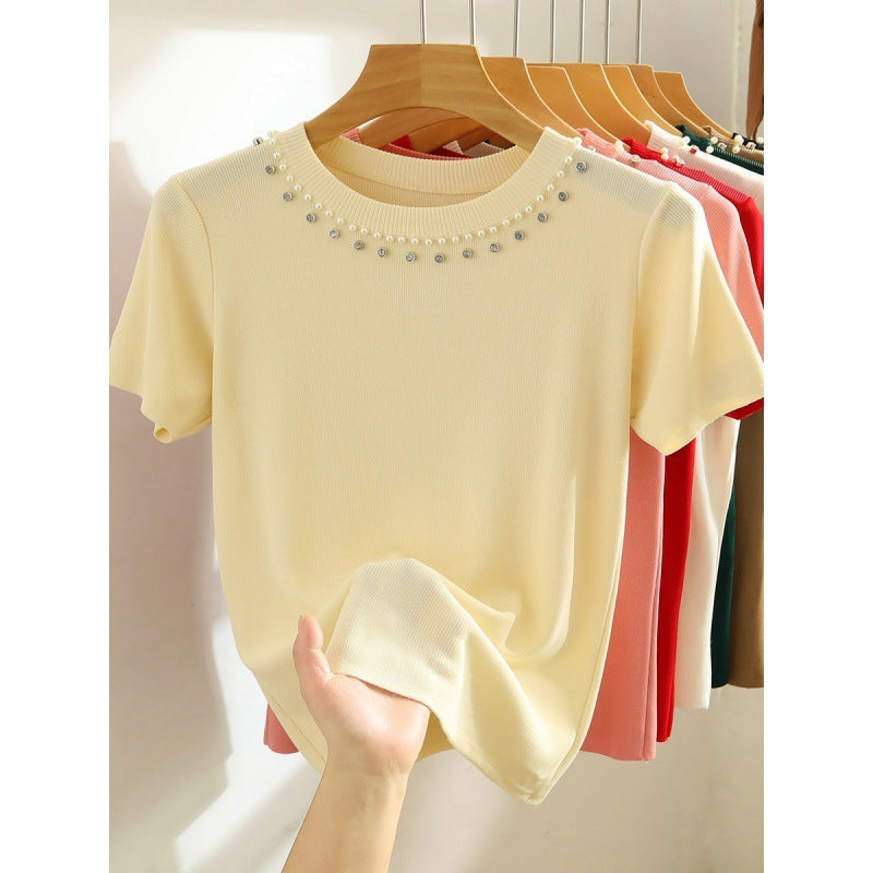 White Shoulder Short-sleeved T-shirt Heavy Industry Beads Knitted Short Top