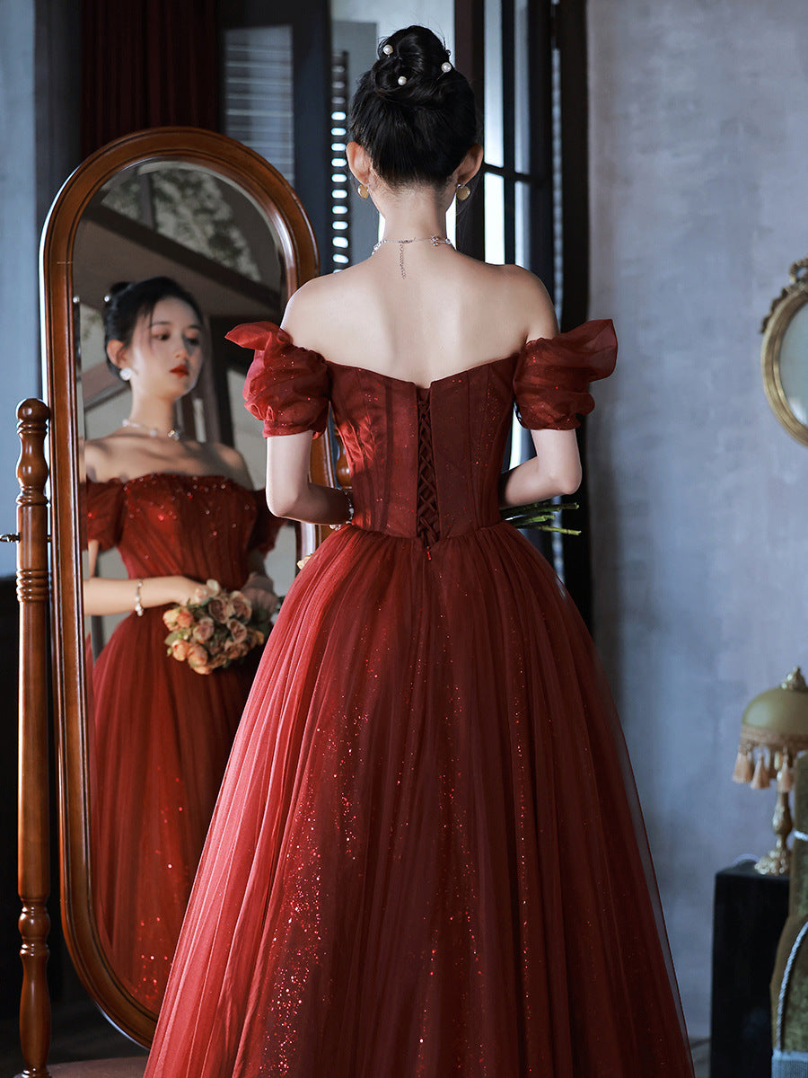 High-end Luxury Small Number Wine Red, One-shoulder Engagement Dress