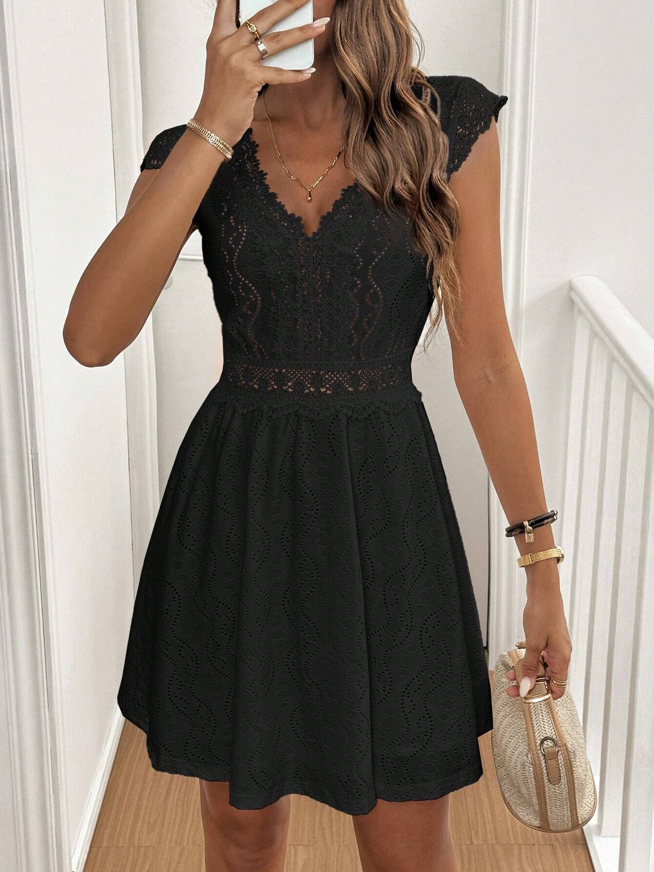Knitted Jacquard Hollow Out V-neck Stretch Lace Skirt Dress