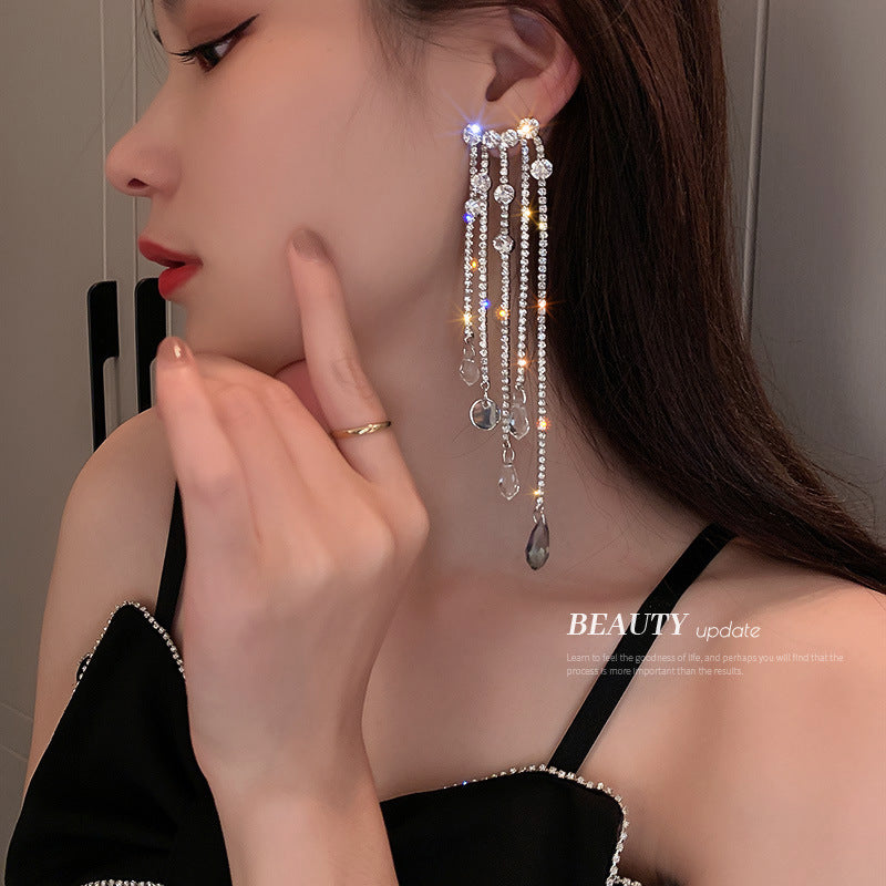 Silver Pin With Diamonds And Crystal Tassel Asymmetric Earrings Exaggerated
