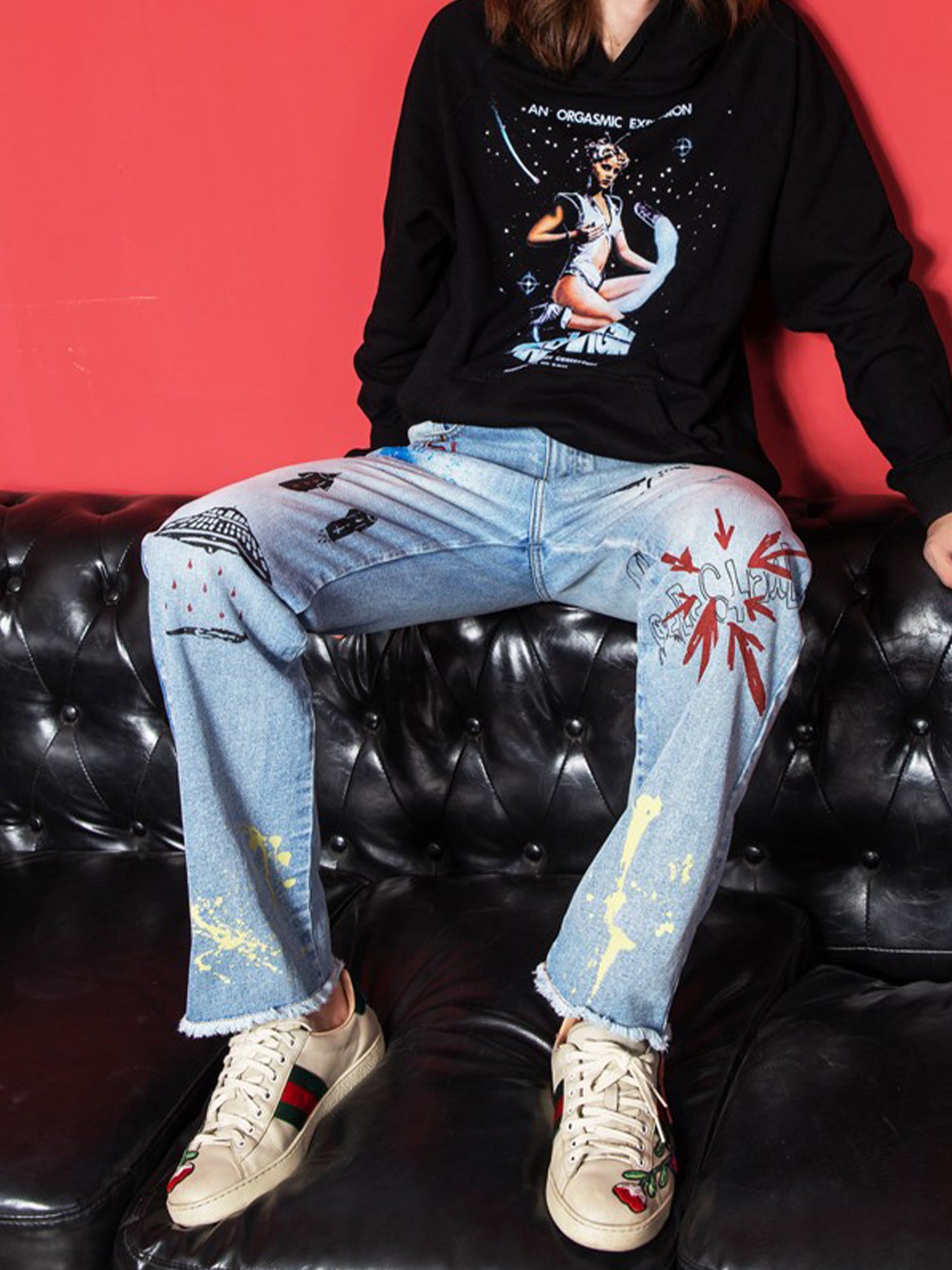 Graffiti-embroidered Frayed Wash Jeans