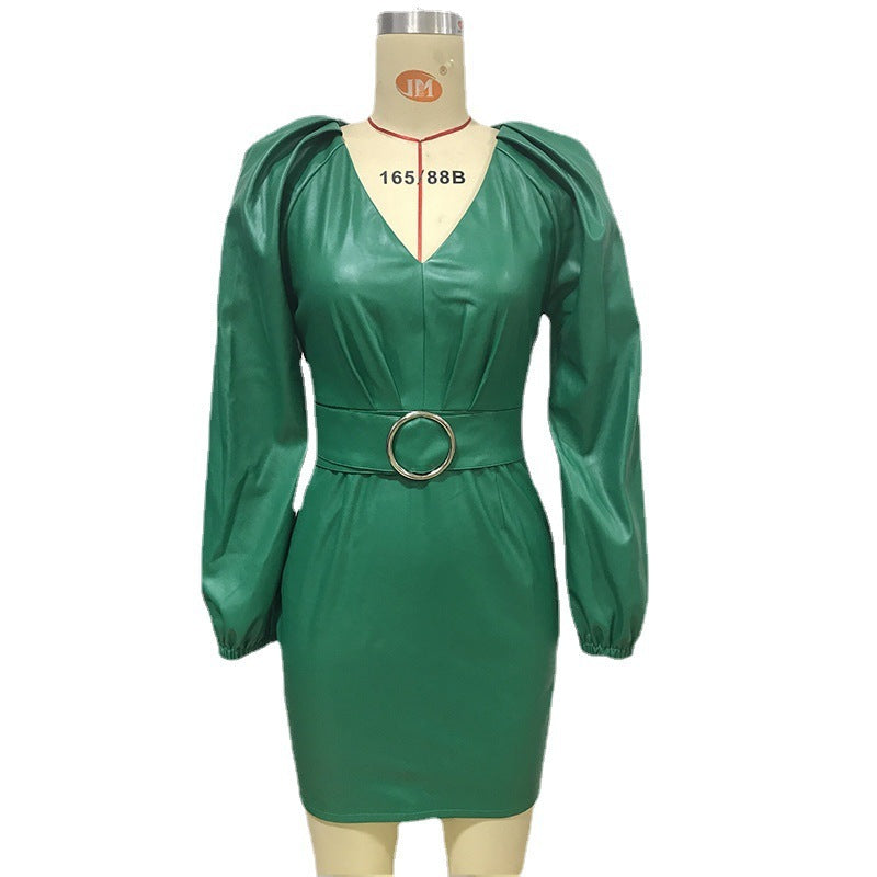 V-neck Belt Long-sleeved Short Bag Hip PU Leather Skirt