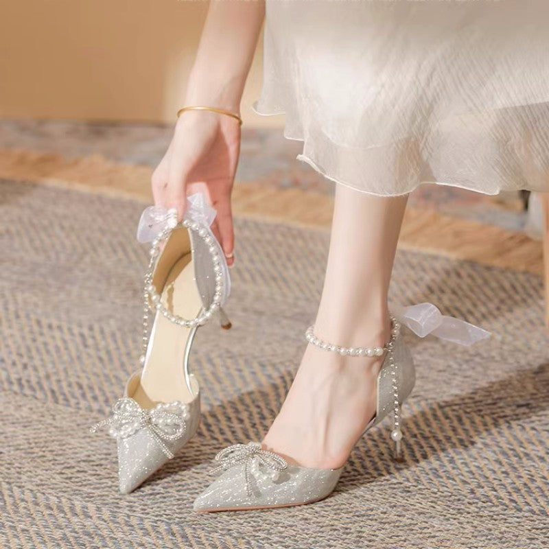 Women's Bow Pointed Heel Wedding Sandals