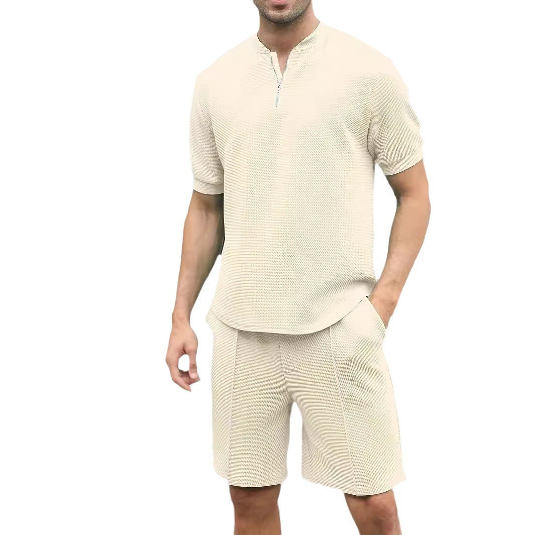 Waffle Stand Collar Zipper Short Sleeve Trousers Suit Men