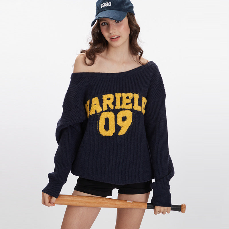 Women's American-style Letter Sweater Loose Off-the-shoulder Pullover