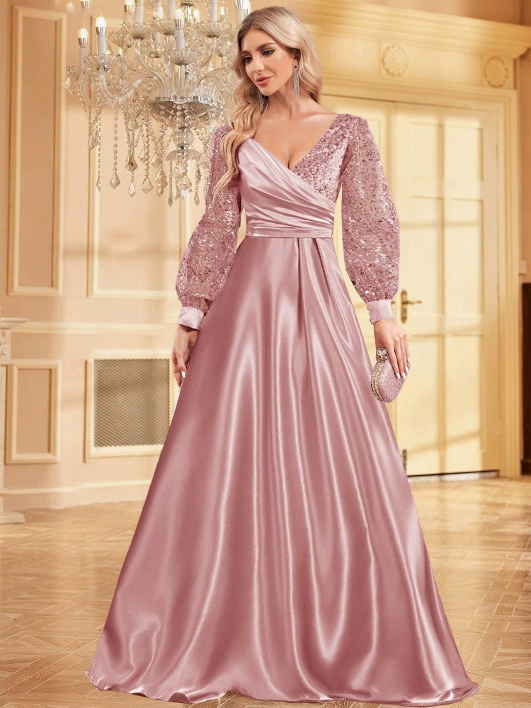 V-neck Long-sleeve Dress Slim Fishtail Sequin Banquet