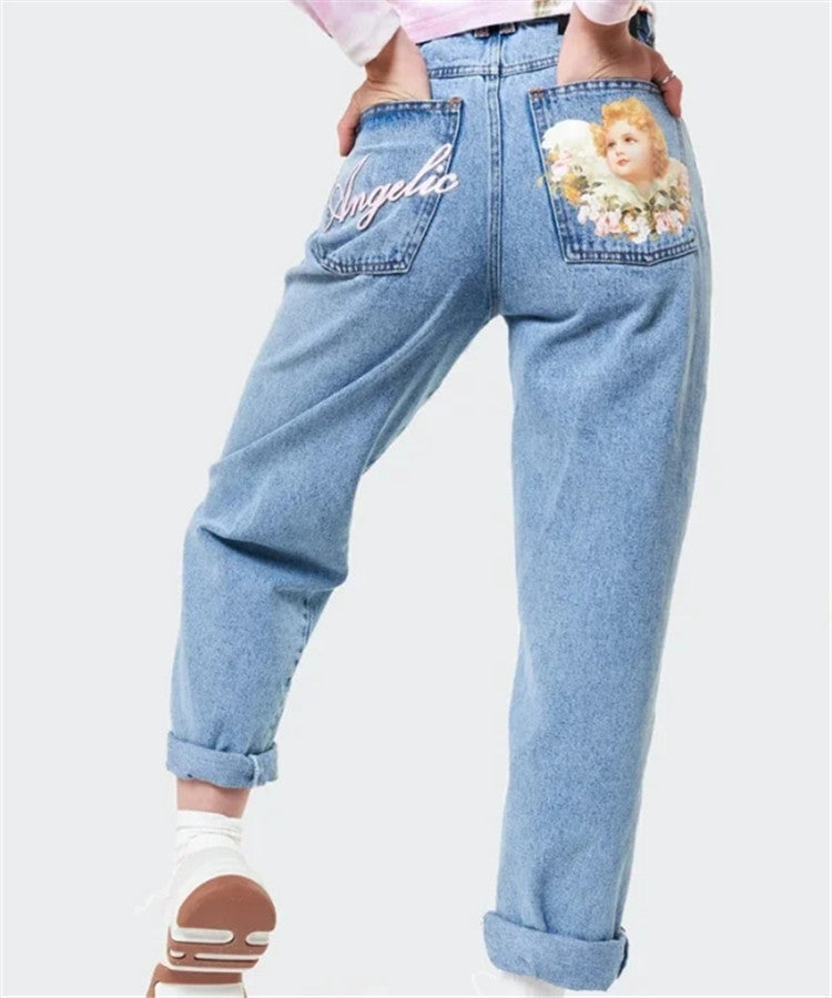 American High Waist Angel Print Jeans Retro Loose