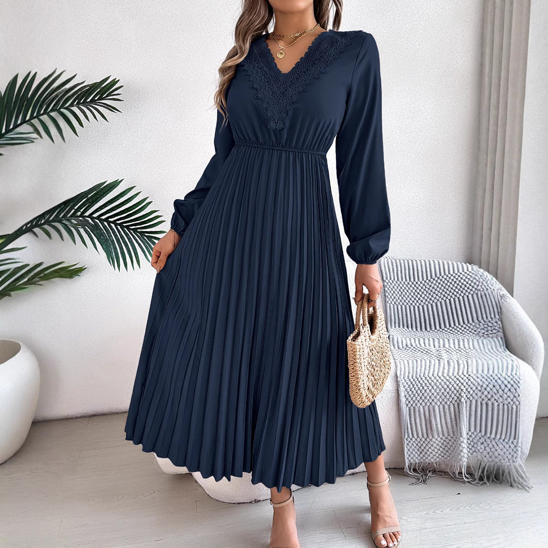 Women's V-neck Lace Cinched Pleated Long Dress