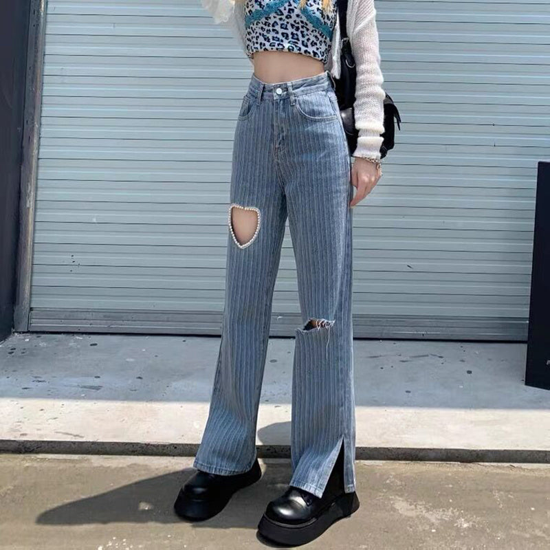 Women's High Waist Slim All Match Waist Straight Jeans