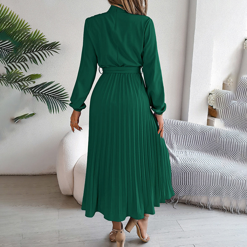 Elegant High Neck Long Sleeve Pleated Maxi Dress - Solid Color Flowy Dress For Women, Casual To Formal Wear
