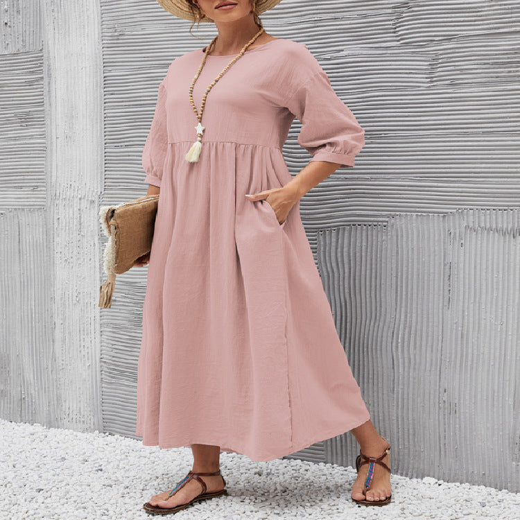 Summer Short-sleeved Dress With Pockets