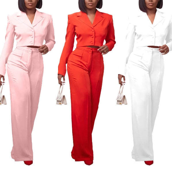 Women's Solid Color Breasted Suit Short Coat Wide Leg Trousers Two-piece Set