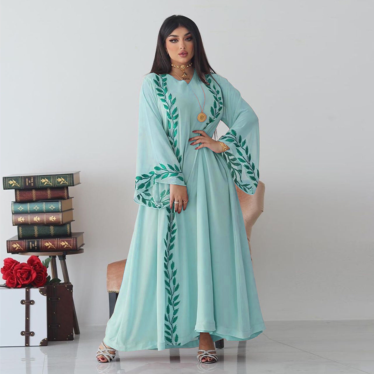 Chiffon Long Islamic Embroidered Crew Neck Dress With Headscarf