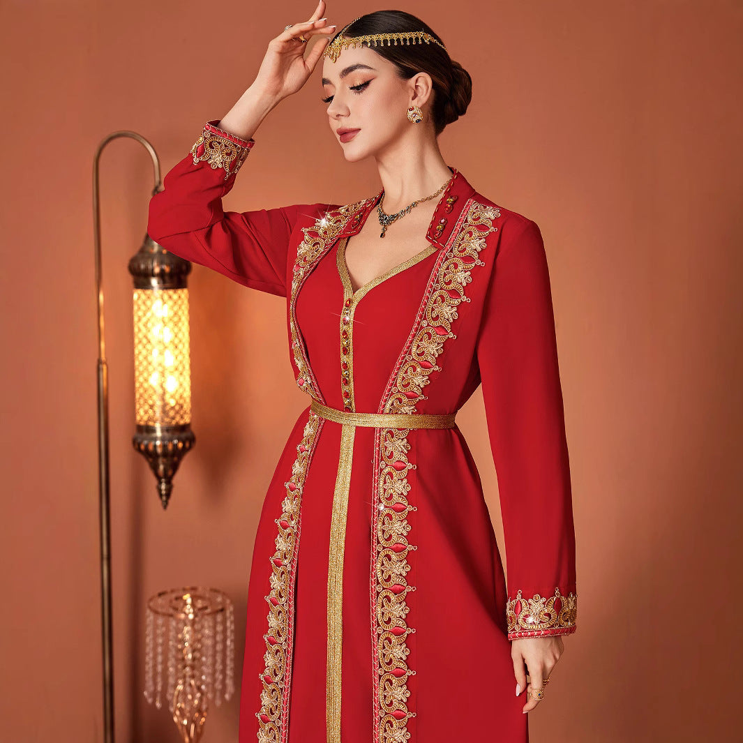 Arab Court Hongjin Embroidered V-neck Fake Two-piece Long Skirt