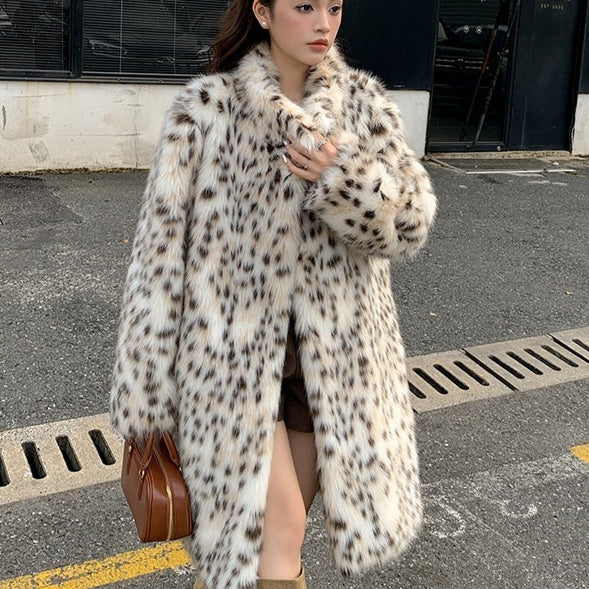 Leopard-print Fur And Lapel Fur Coat For Women