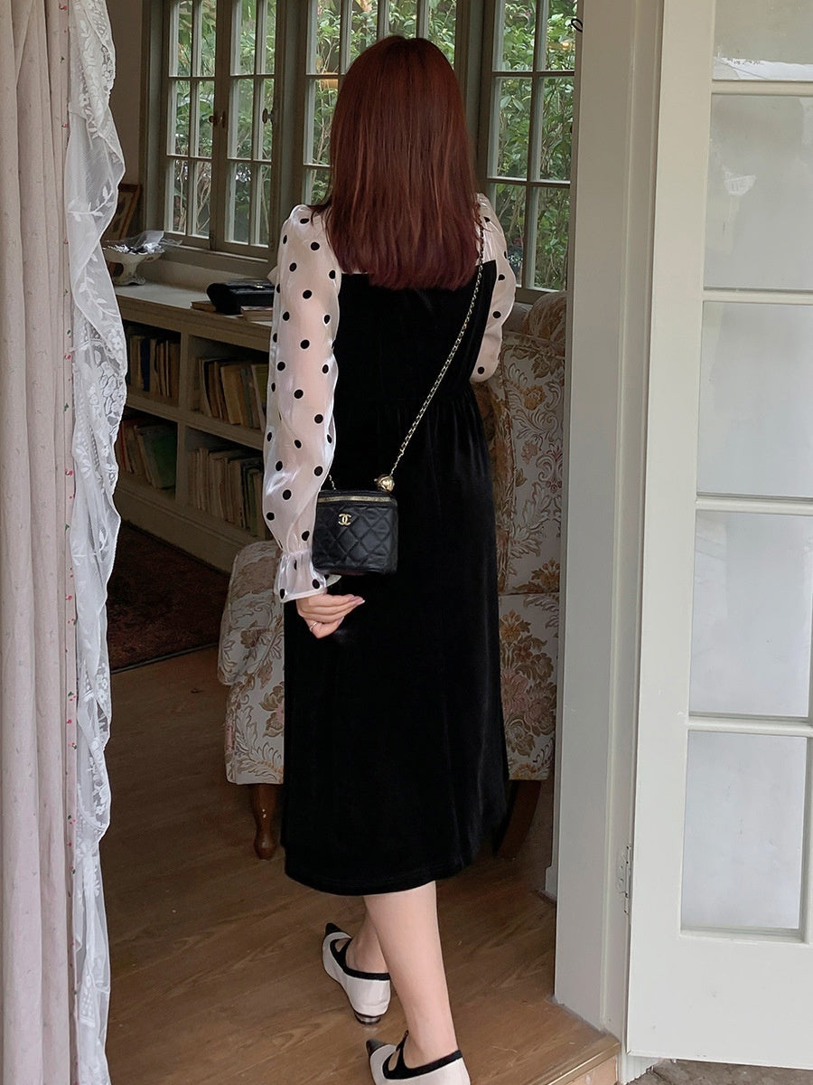 Polka Dot Stitching Lace-up Bow Dress