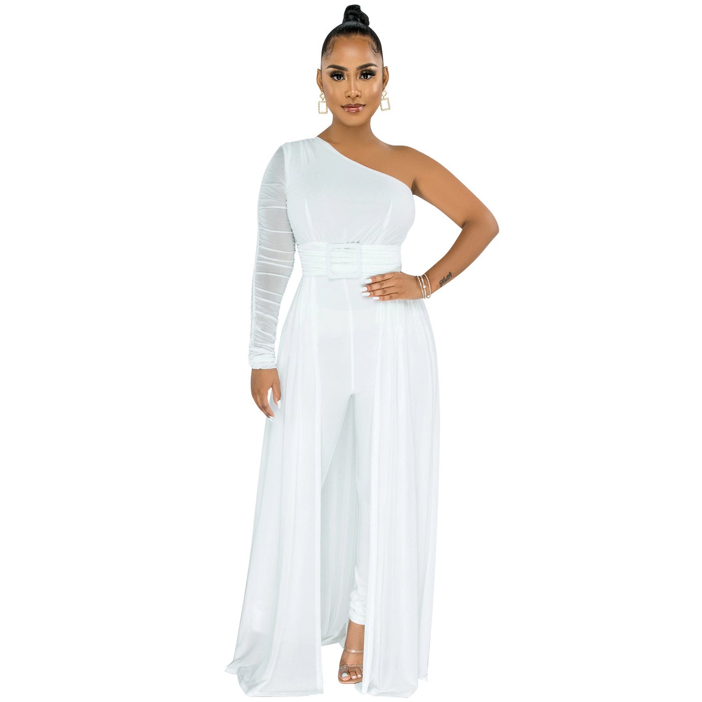 Pure Color Mesh See-through One Shoulder Long Sleeve Jumpsuit