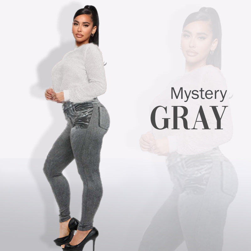 بنطال جينز ضيق بخصر عالٍ وقصة ضيقة وقصة مريحة، مصنوع من قماش الدنيم المطاطي، بتصميم كاجوال أساسي وجيوب وهمية.