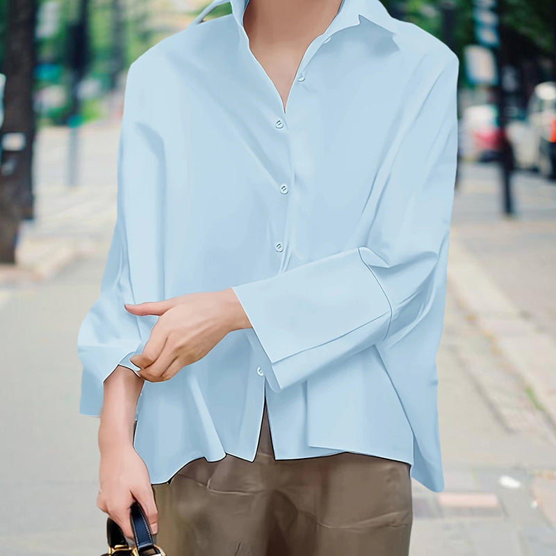 Women's Solid Color Fashion V-Neck Blouse - Puff Sleeve Button-Down Long-sleeved Shirts For Spring & Fall