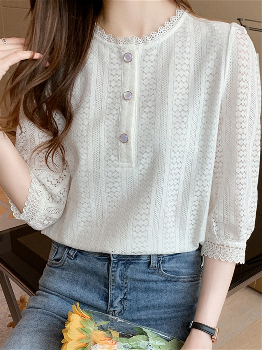 Women's Slim And Western Style Three-quarter Sleeve White Lace Top
