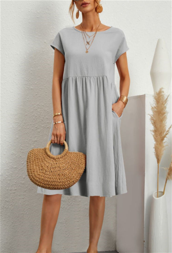 Summer Short-sleeved Dress With Pockets