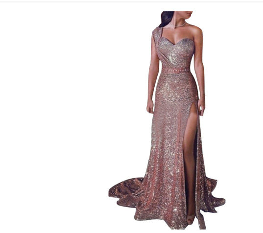 women's sexy one-shoulder sleeveless bronzing dress slit long skirt