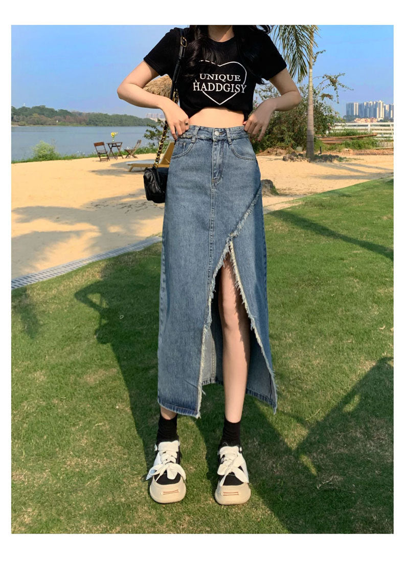 Irregular Slit Denim Skirt Ins Style Hot Design