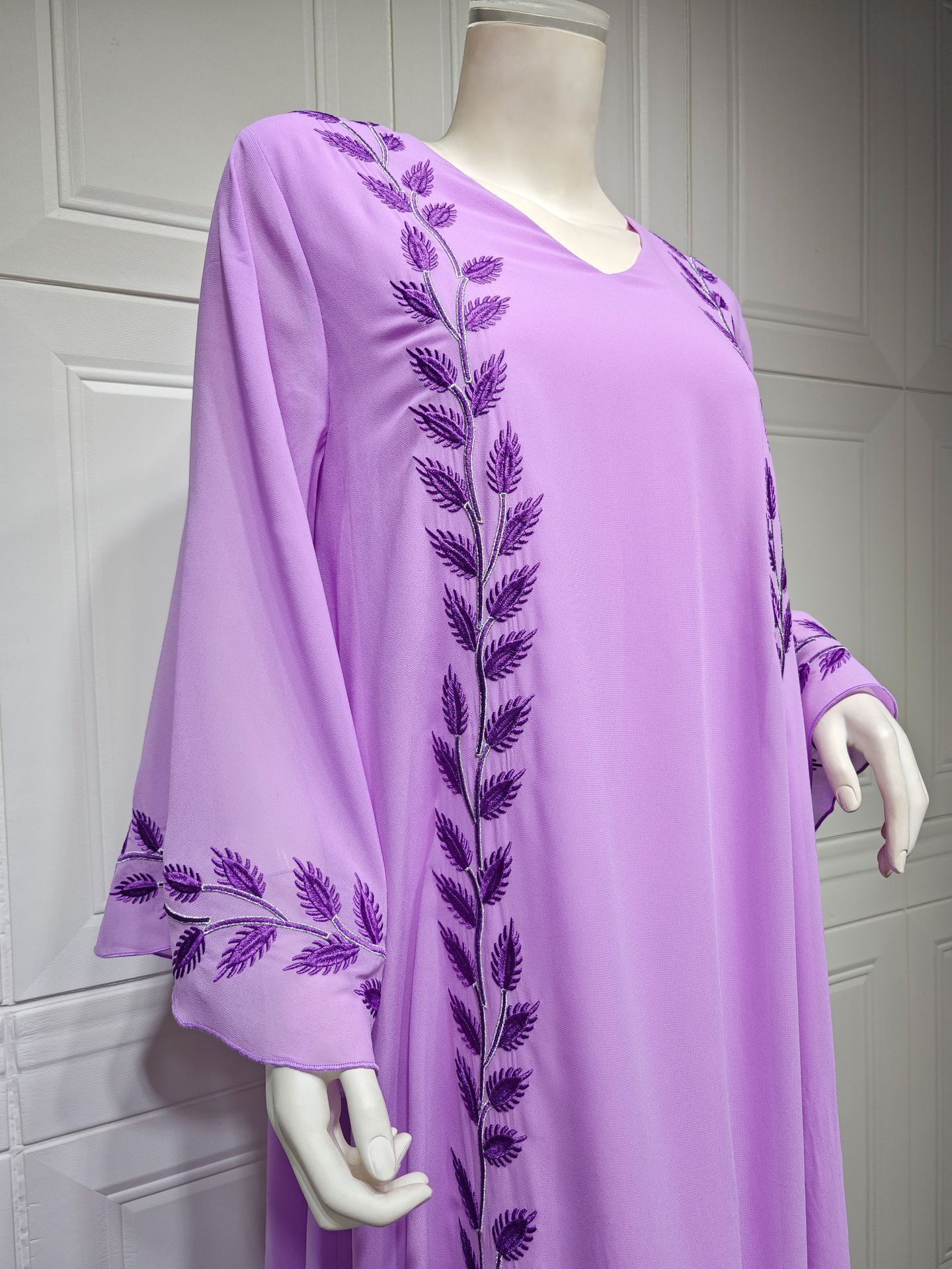Chiffon Long Islamic Embroidered Crew Neck Dress With Headscarf