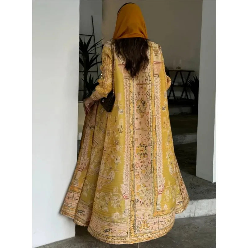 Women's Pleated Chic Middle East Abaya Printed Shawl Cardigan