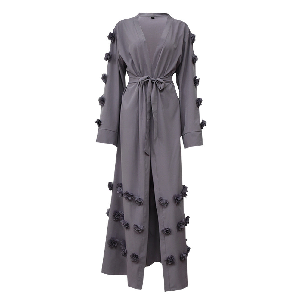 Loose Cardigan Three-dimensional Floral Lace Up Robe for Middle Eastern Women