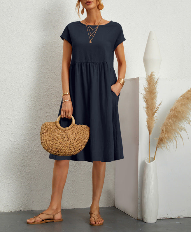 Summer Short-sleeved Dress With Pockets