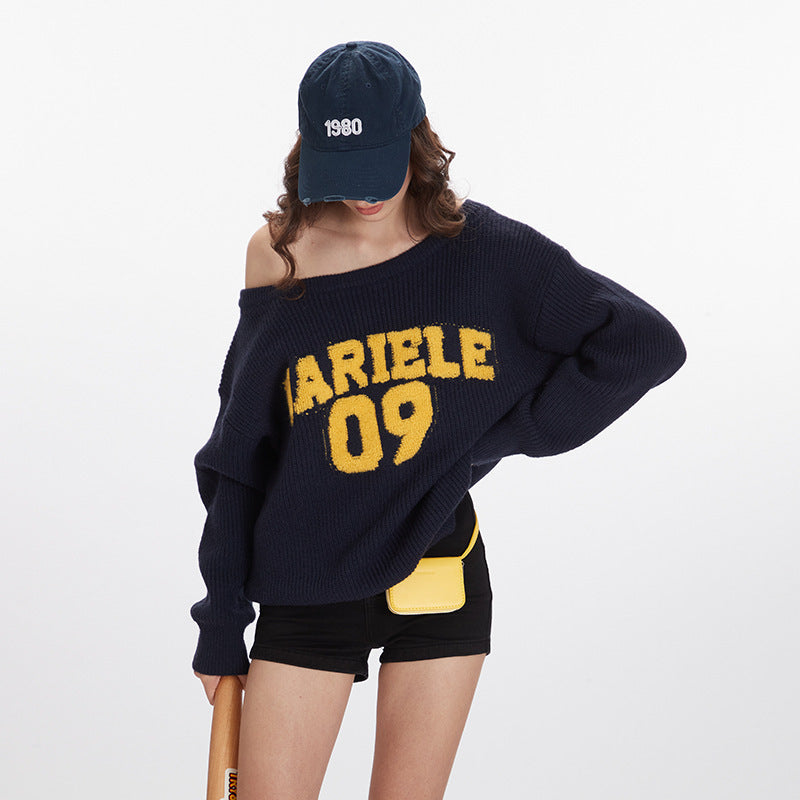 Women's American-style Letter Sweater Loose Off-the-shoulder Pullover