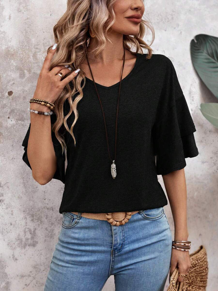 Loose V-neck Ruffle Sleeve T-shirt Fashion Solid Mid-sleeve Tops